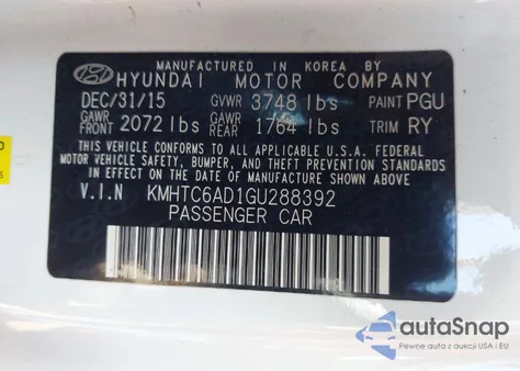 2016 Hyundai Veloster z USA, uszkodzony, nr VIN KMHTC6AD1GU288392